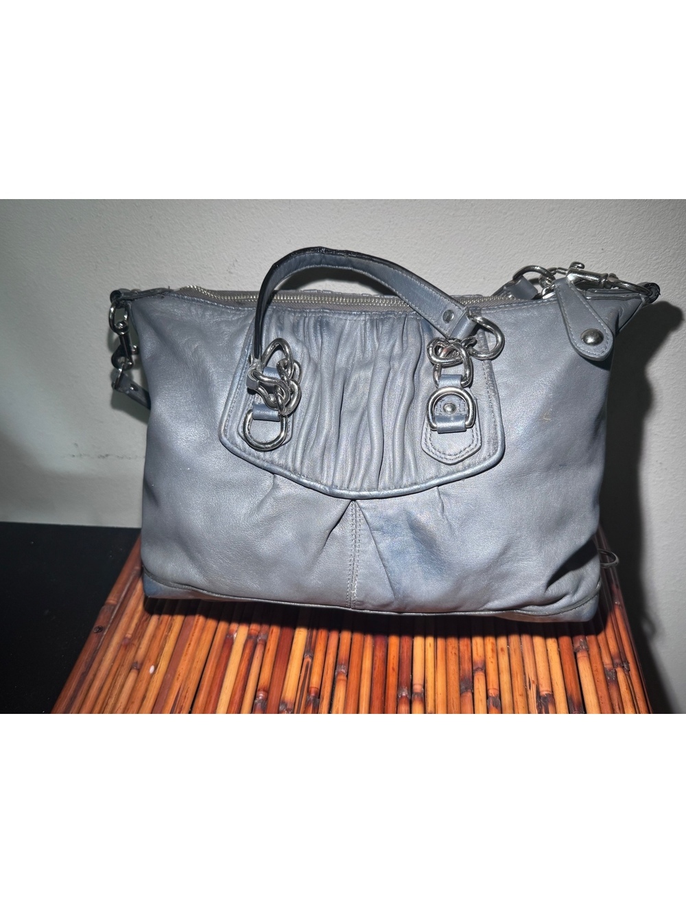 Coach Ashley F17647 Madison Gray Blue Gathered Leather Satchel Shoulder Bag